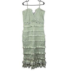 V. Chapman Narcisse Smocked Ruffle Midi Dress Sage Green Anthropologie Size 14 R